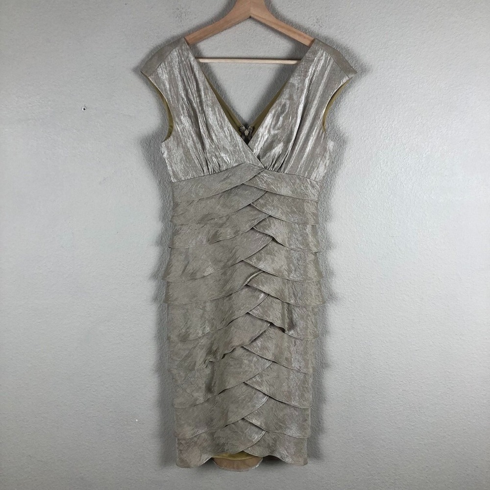 London Style Dress Women 4 Gold Metallic Pleated Shimmer Tiered Double V Bodycon